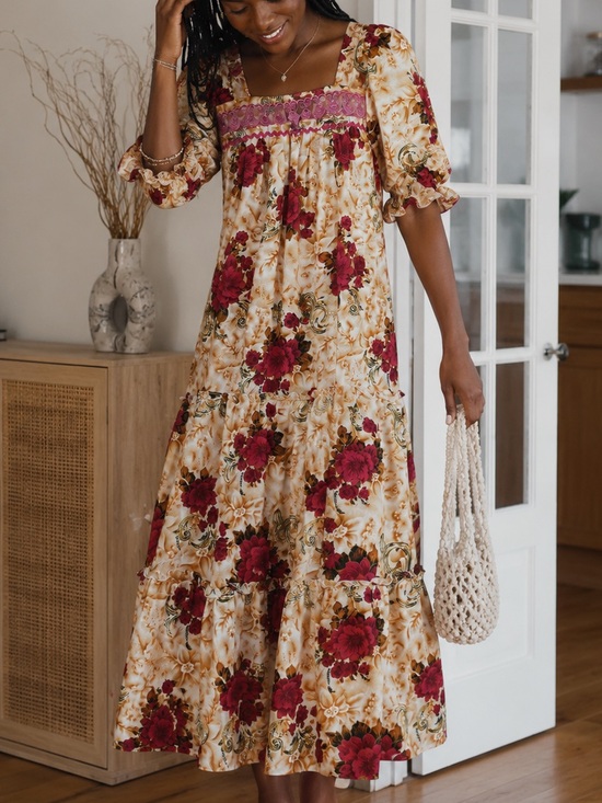 Source Unknown Dresses & Skirts - Floral Patchwork Tiered Midi Dress Puff Sleeve Wine Burgundy